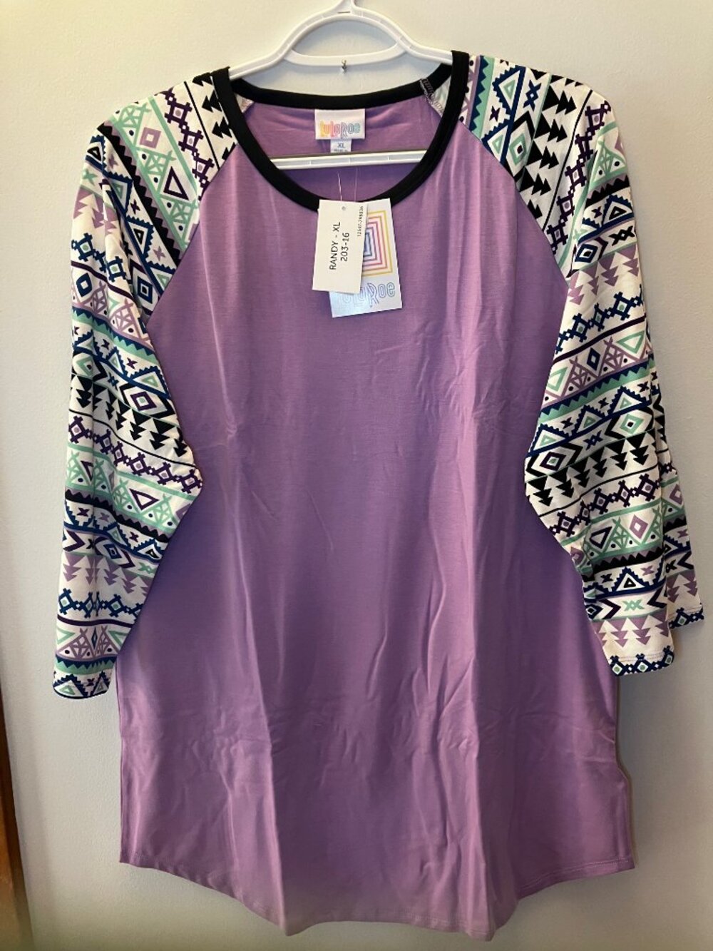 LulaRoe Randy Size XL 3/4 Sleeve Purple w/Aztec Design